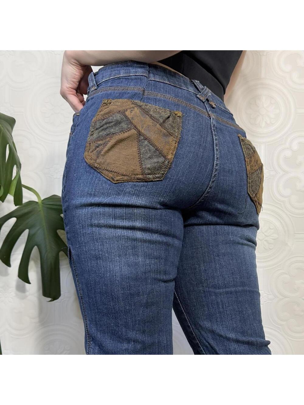Y2K Patchwork Bootcut Dark Blue Wash Jeans Boho Western